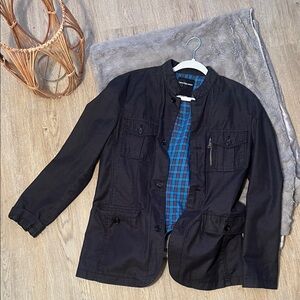 Calvin Klein Black Military Jacket with Blue Plaid Lining